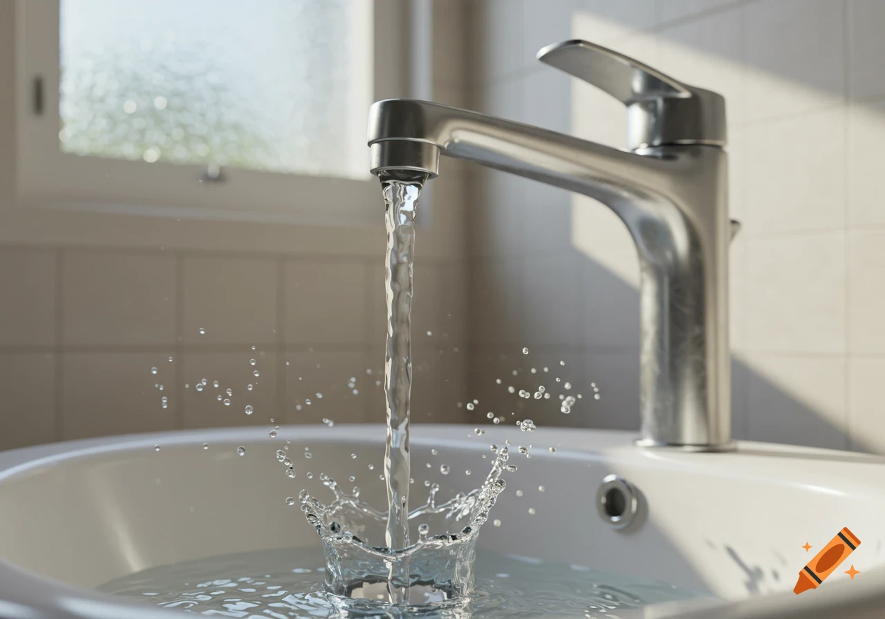 Photorealistic image of a chrome faucet with water flowing and splashing into a white sink in a bathroom with sunlight.