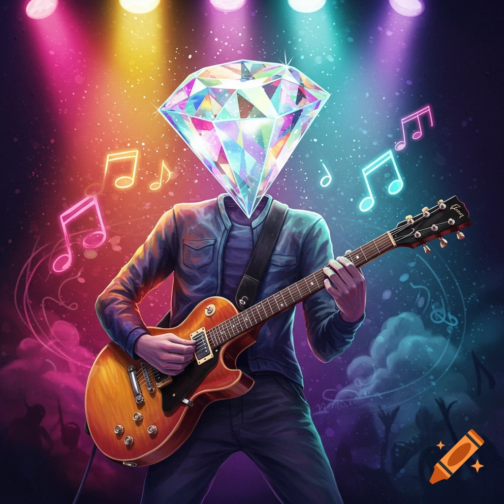 A person with a sparkling diamond head plays an electric guitar on stage under colorful spotlights with floating musical notes.