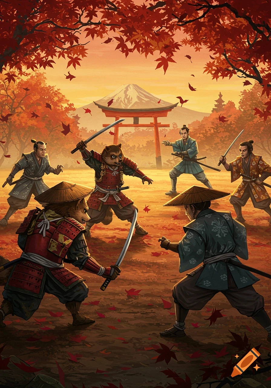 Samurai warriors, two with animal heads, battle under red maple trees with Mount Fuji and a torii gate in the background, ukiyo-e style.