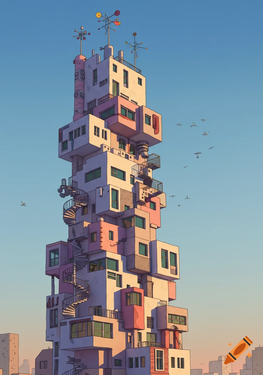 A tall, playful postmodern building made of stacked blocks with spiral staircases and balconies, set against a clear blue sky.