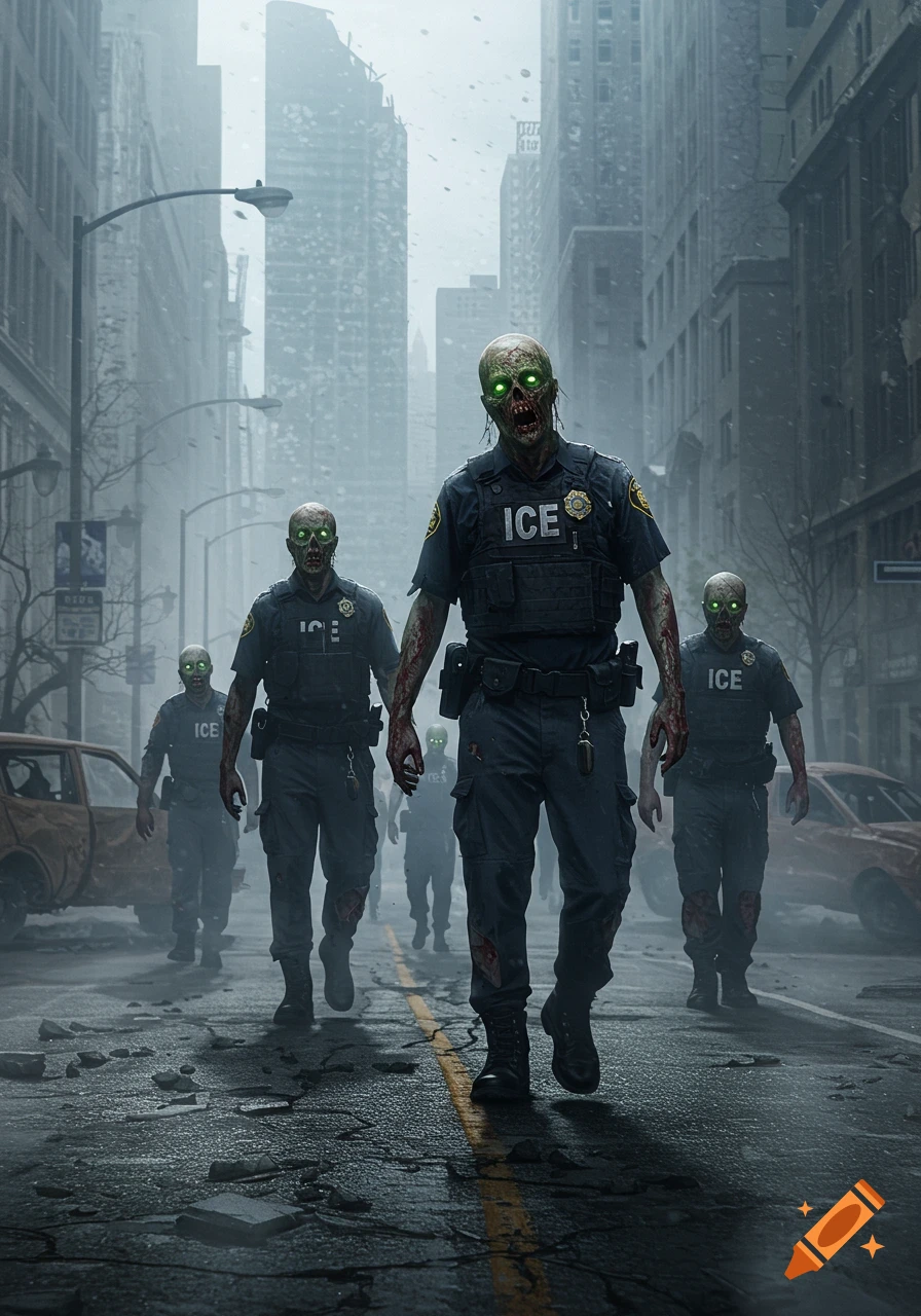 Photorealistic image of zombie ICE agents with glowing green eyes walking down a dilapidated, misty city street.