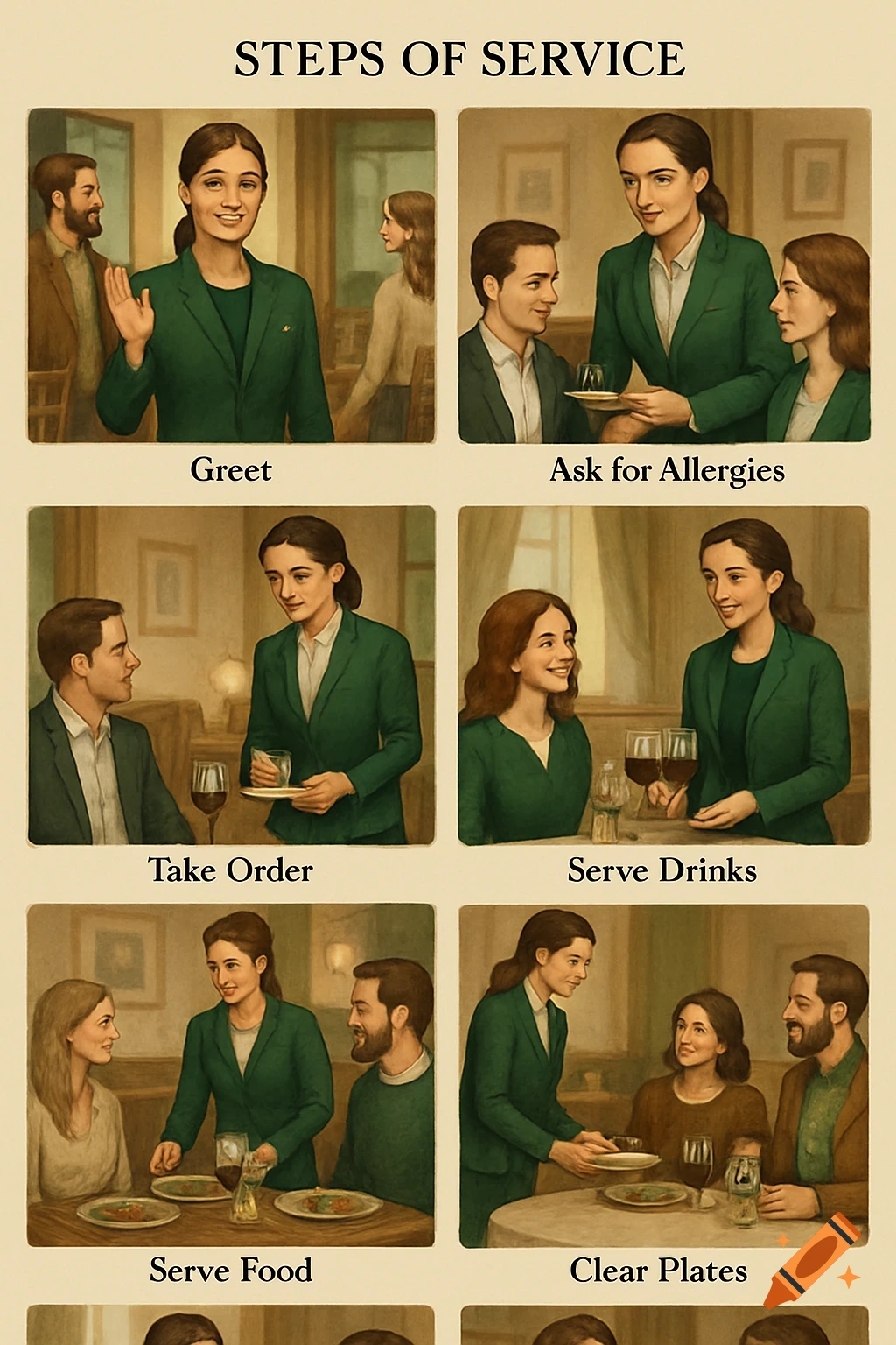 An instructional diagram showing 6 steps of restaurant service with people in green uniforms interacting with customers.