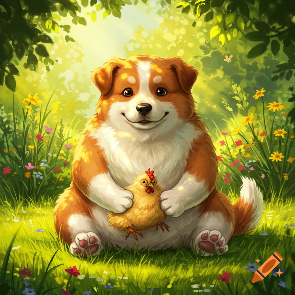 A fluffy, chubby dog sits in a sunny field, gently holding a small yellow chicken. The background features green leaves and colorful wildflowers.