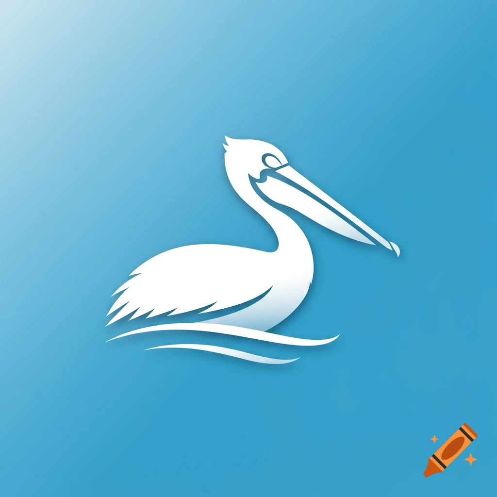 A stylized white pelican icon with a subtle shadow effect, set against a gradient blue background.