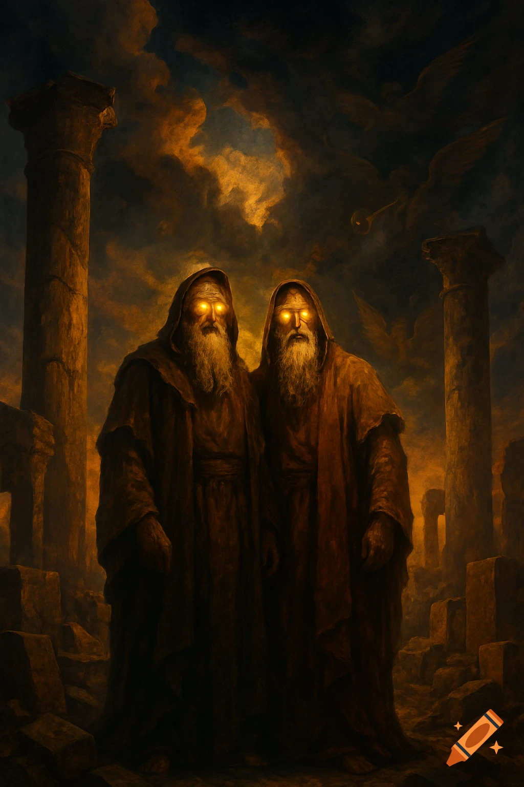 Two cloaked, bearded figures with glowing eyes stand among ancient ruins under a dramatic, stormy sky in a dark fantasy painting.