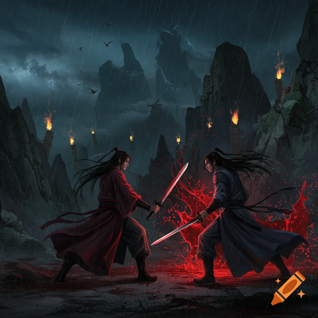 Two figures in cloaks sword fighting in the rain on a dark mountain path with blood splatters and distant torches.
