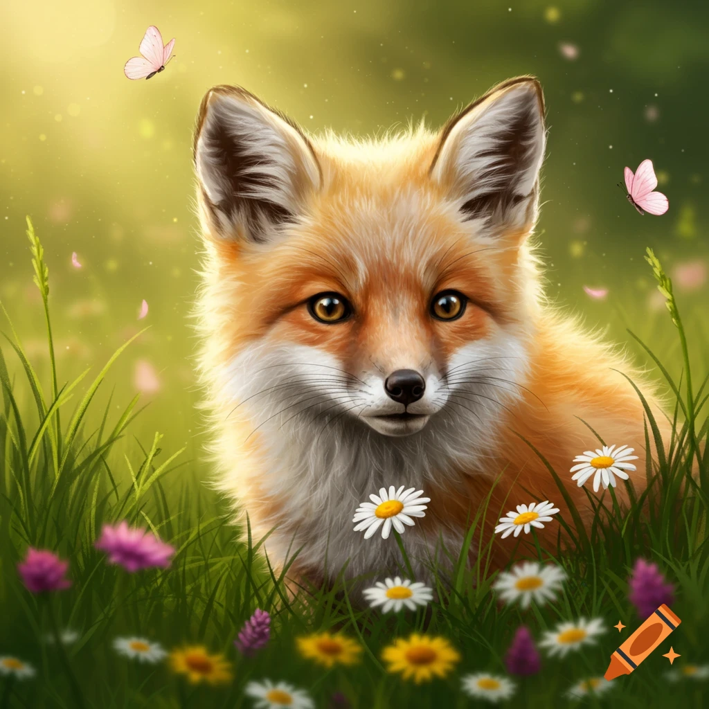 A cute fox with orange and white fur sits in a field of green grass and wildflowers, with pink butterflies hovering nearby.