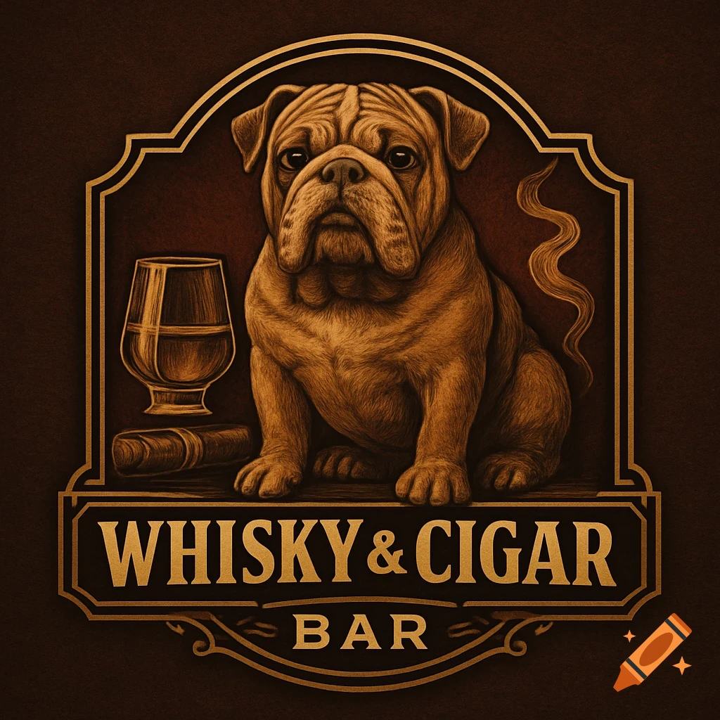A vintage-style logo featuring a serious bulldog, a whisky glass, and a cigar, with the text 'Whisky & Cigar Bar'.