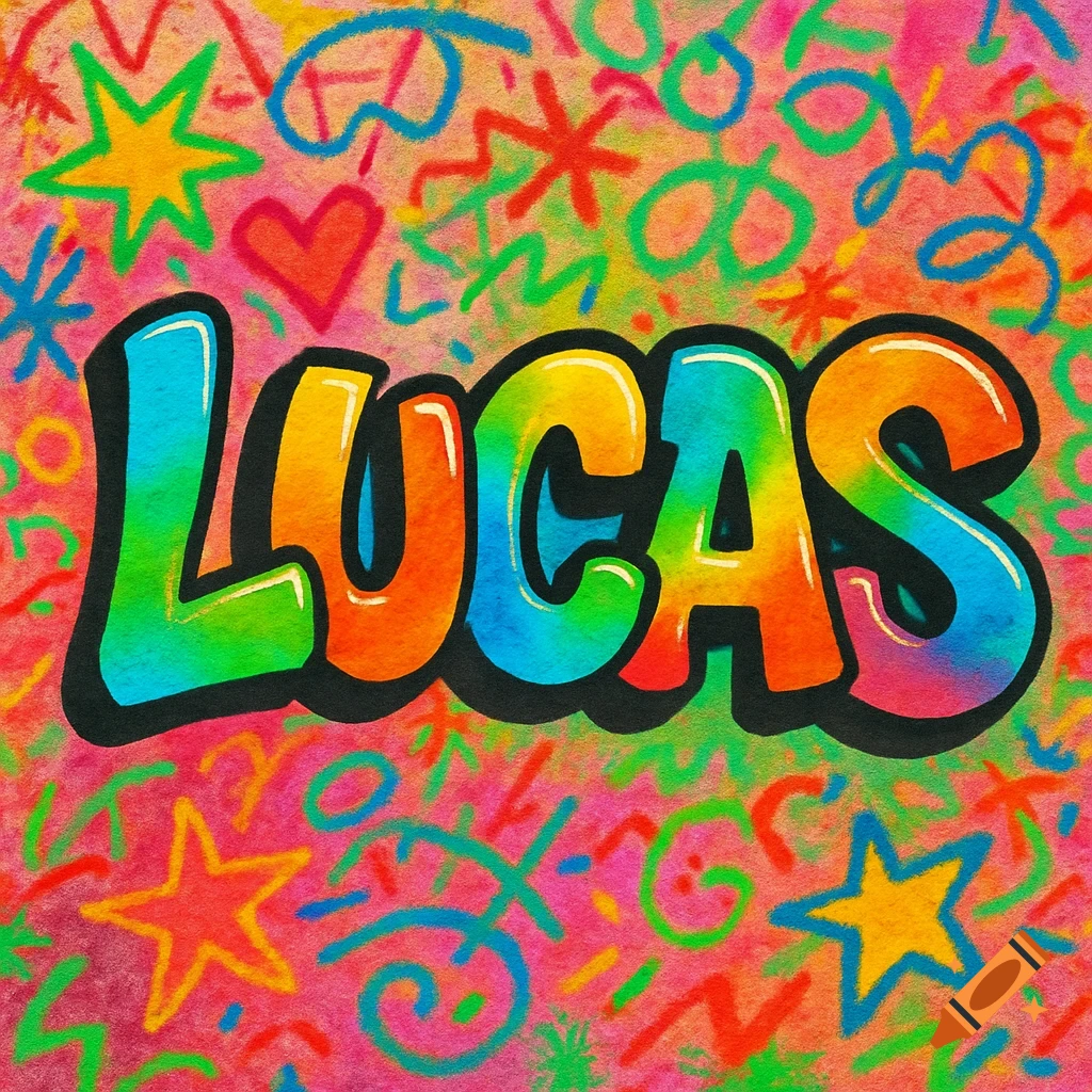 The name Lucas in colorful graffiti bubble letters on a vibrant, scribbled background with stars and hearts.