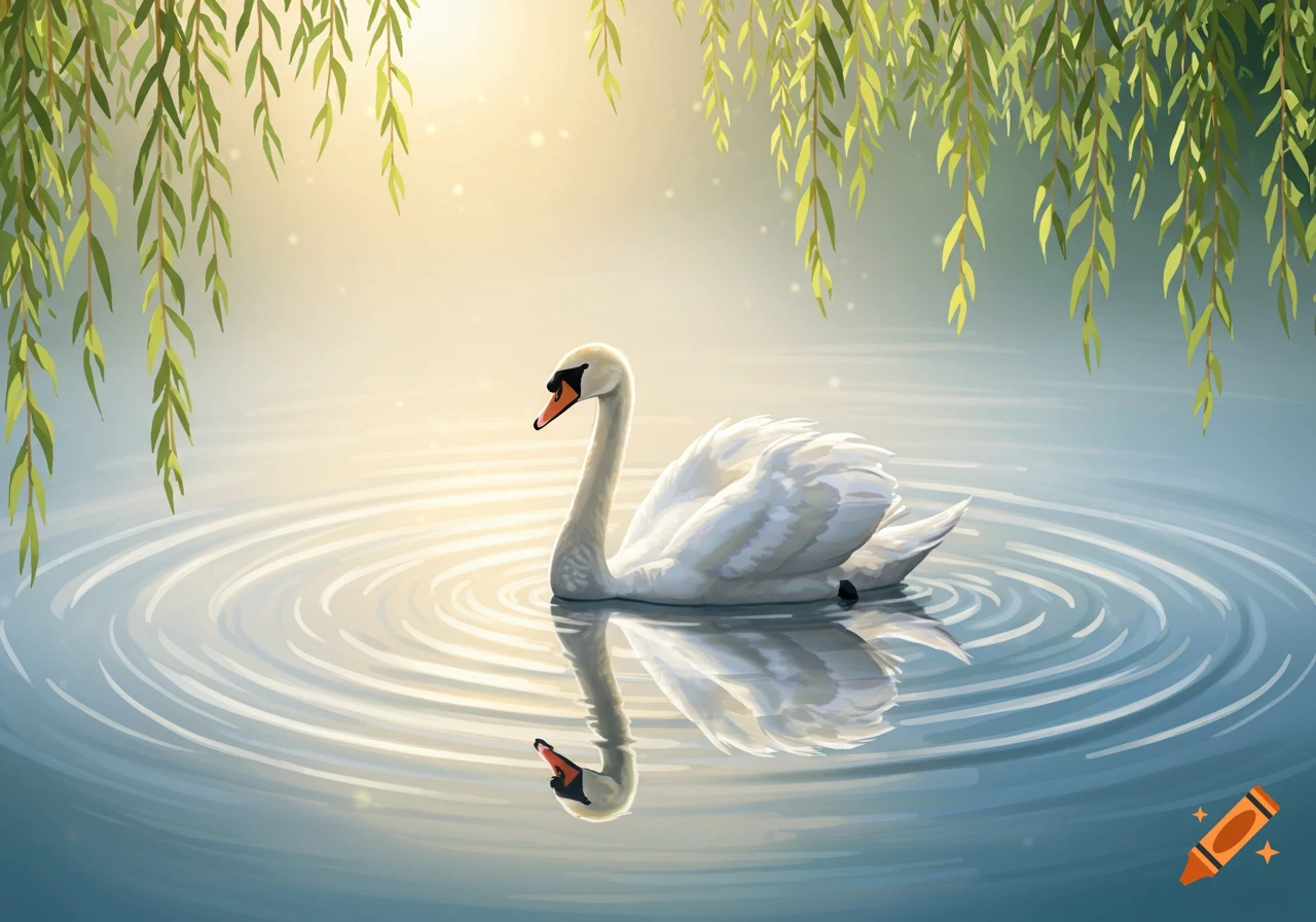 A white swan floats on a reflective pond with concentric ripples, framed by hanging green willow branches under a soft golden light.