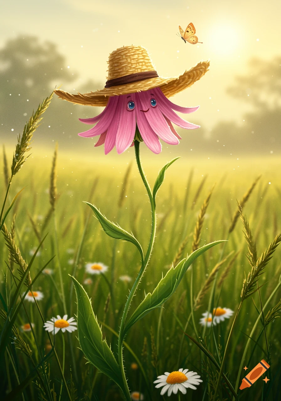 A whimsical, happy pink flower with blue eyes and a straw hat stands in a sunlit meadow with a butterfly and white daisies.
