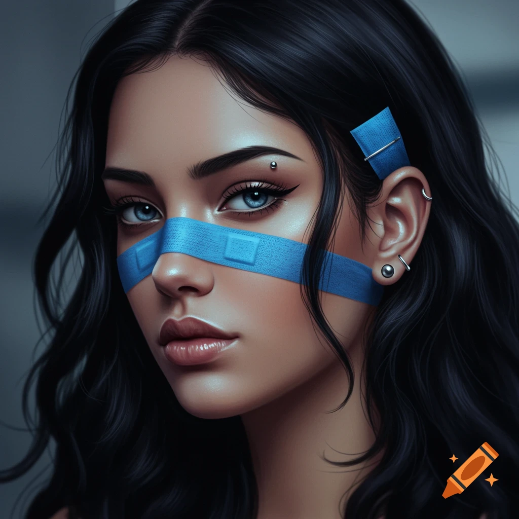 Close-up portrait of a woman with long dark hair, blue eyes, and a blue bandage across her nose and eyes, and another blue strip covering her upper ear piercing. The image has a stylized, photorealistic art style.