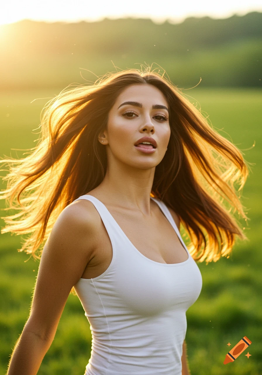 A woman with long brown hair wearing a white tank top looks at the camera in a sunny field at sunset.