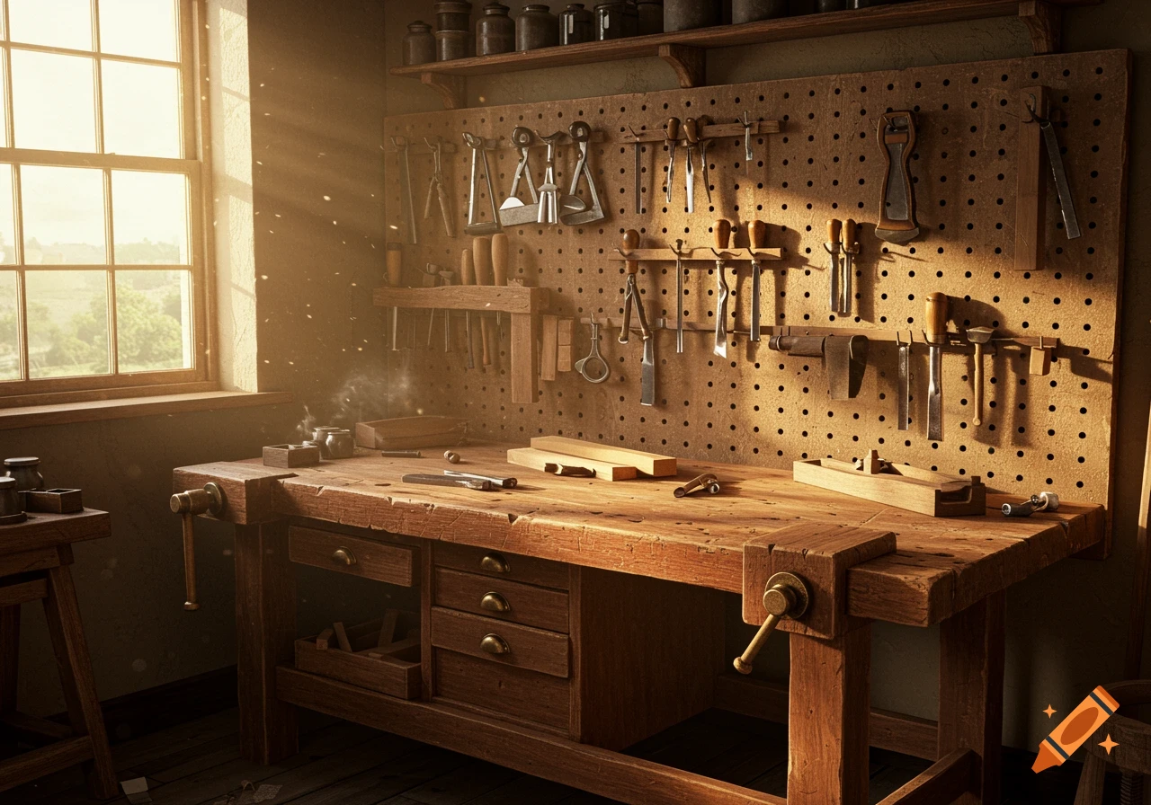 An antique-style wooden workbench in a sunlit workshop, with hand tools neatly organized on a pegboard wall above it.