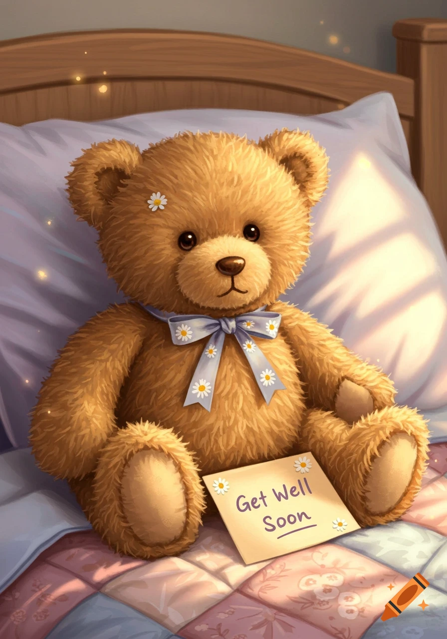 A cute fuzzy brown teddy bear with a blue daisy-patterned bow sits on a quilted bed, holding a 'Get Well Soon' card. Illustrated.