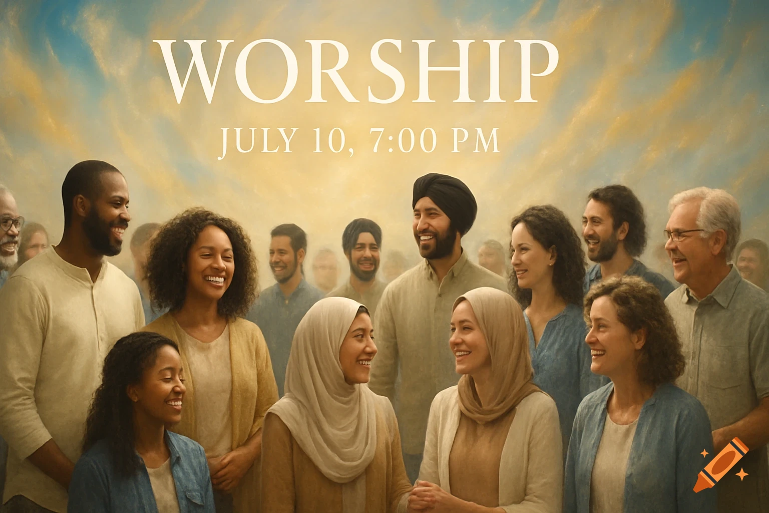 Photorealistic image of a diverse group of smiling people under a sky with 'WORSHIP JULY 10, 7:00 PM' text.
