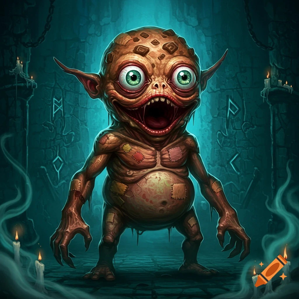 A grotesque, big-eyed monster with patchwork skin and sharp teeth stands in a dark, candlelit dungeon.