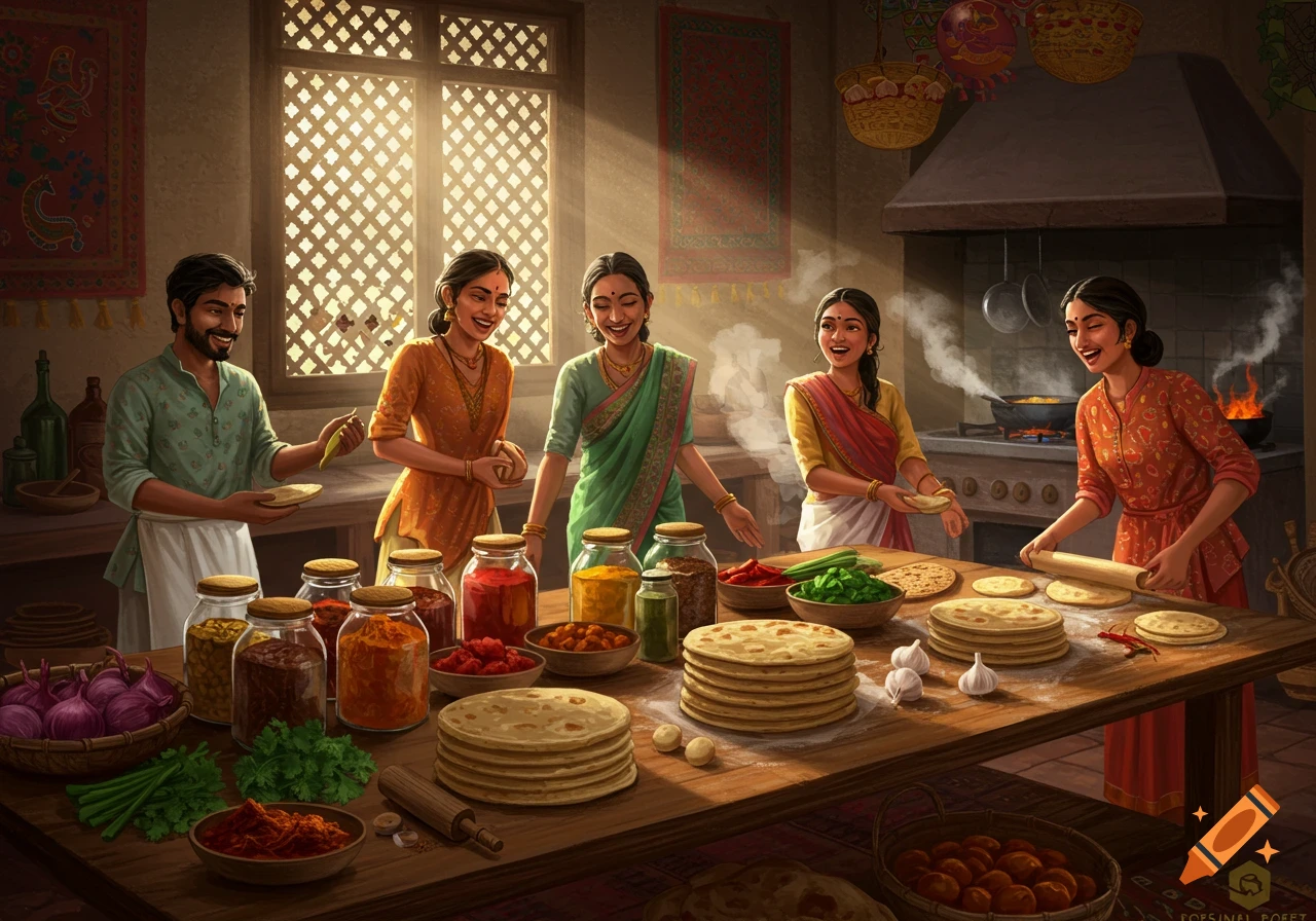 A group of people preparing Indian food like flatbreads in a sunlit traditional kitchen, with jars of spices and fresh ingredients on a wooden table.
