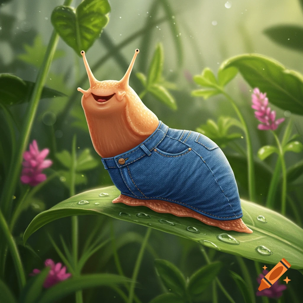 A happy, cartoon snail wearing blue jeans sits on a green leaf with water droplets in a lush garden.
