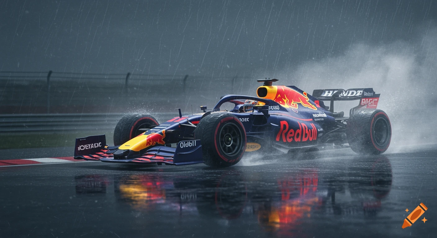 A dark blue and red Red Bull Formula 1 race car speeds through a rainy track, kicking up spray. Rain streaks across the grey sky.