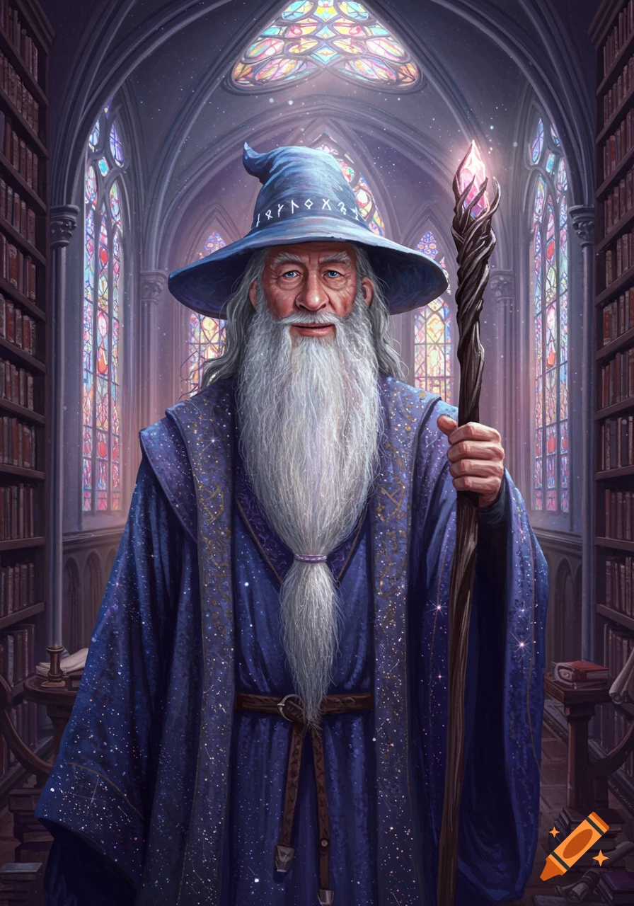 A majestic old wizard with a long white beard, wearing a blue robe and pointed hat, holds a glowing staff in a gothic library with stained glass.
