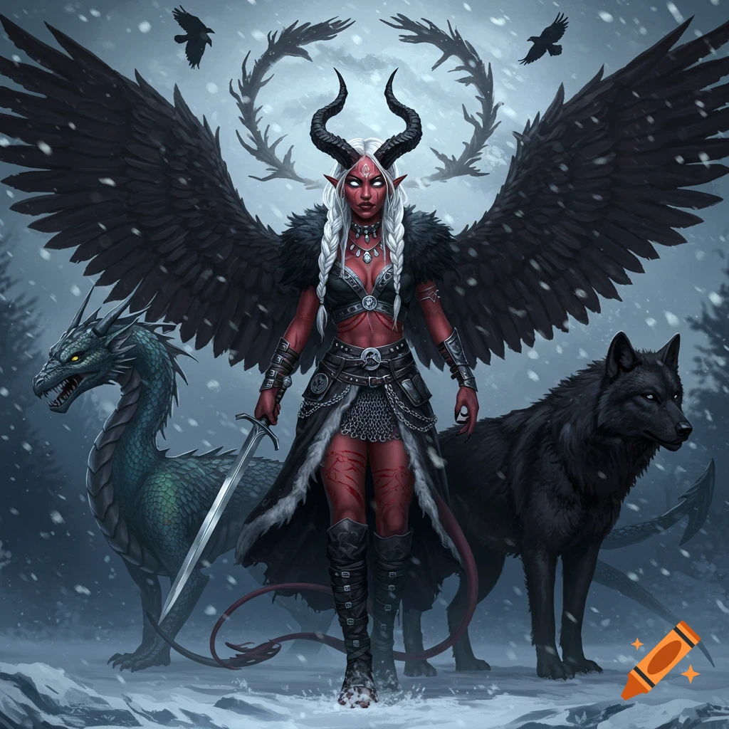 A Latina female demon with white braided hair, black horns, glowing white eyes, scars, tattoos, and black wings stands in a snowy winter landscape with a dragon, a wolf, and crows.