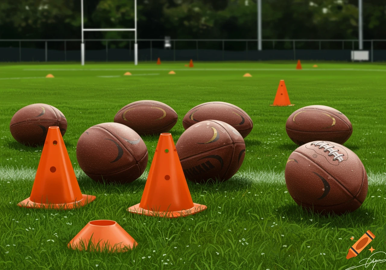 Rugby balls and orange sports cones scattered on a green grass field with a goalpost in the background.