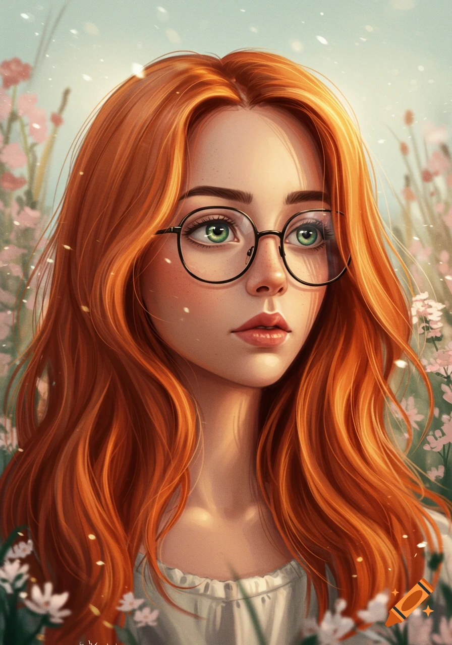 A vibrant digital portrait of a teenage girl with long ginger hair, green eyes, and round glasses, standing among soft pink and white flowers.