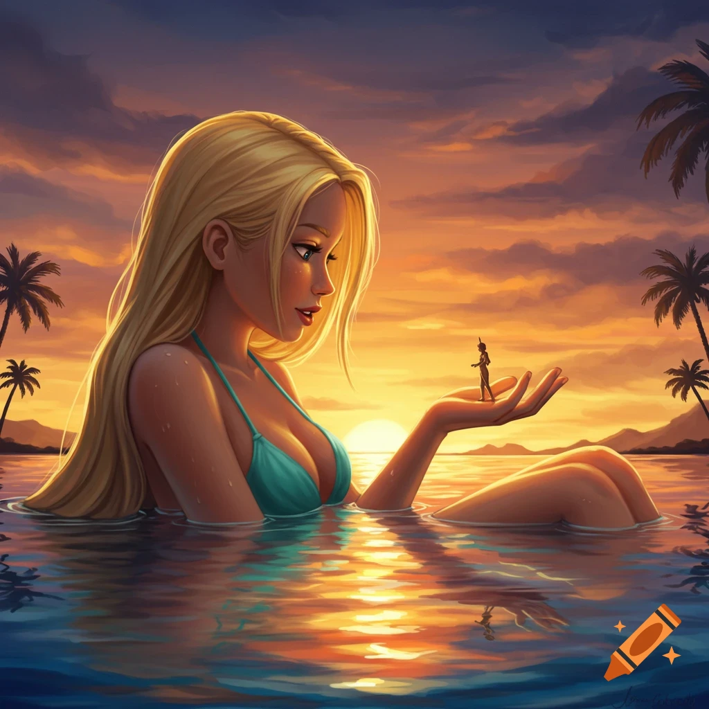 A giant blonde woman in a bikini lies in water at sunset, holding a tiny person in her hand. Digital art.