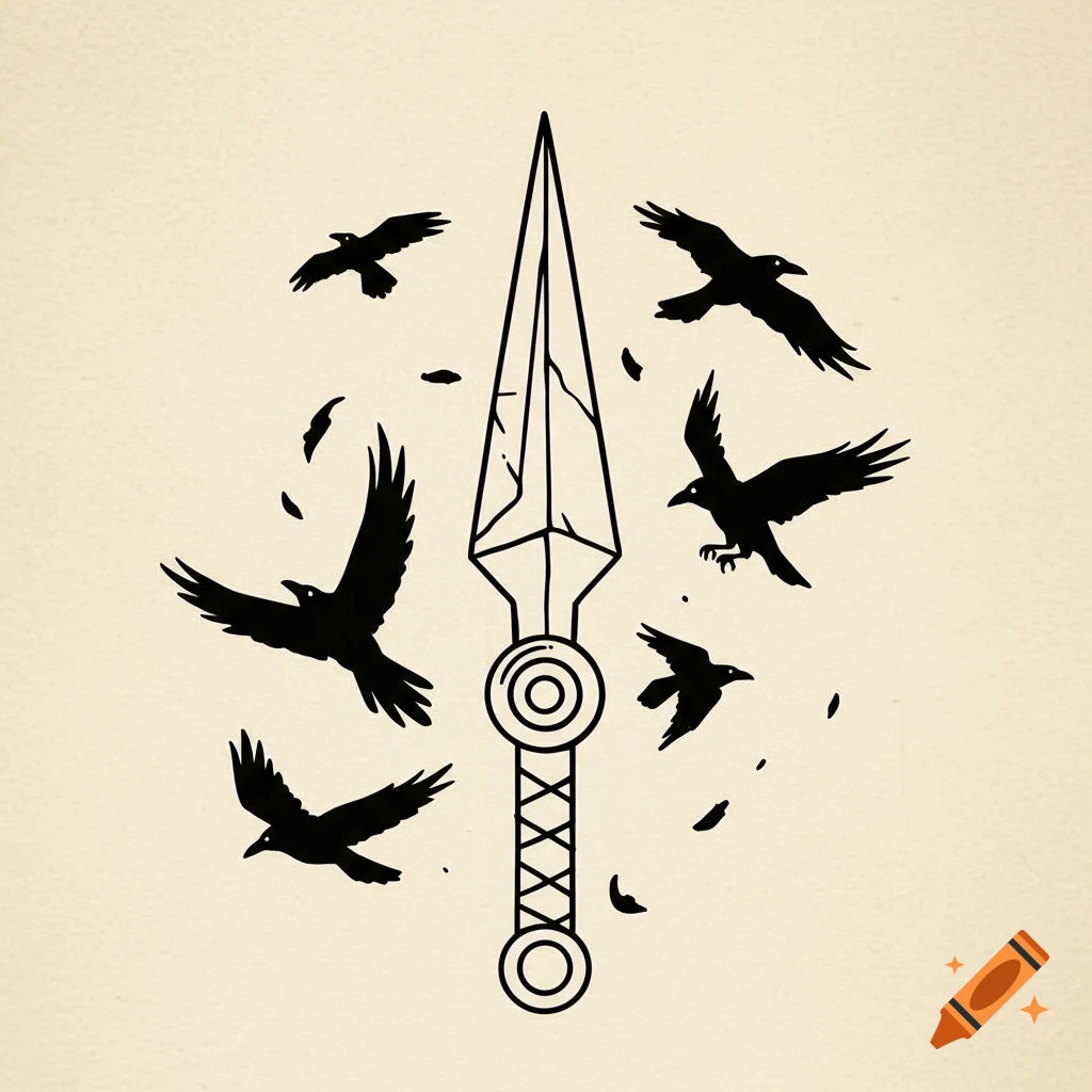 A minimalist black and white illustration of a stylized kunai knife surrounded by flying crow silhouettes on a light background.