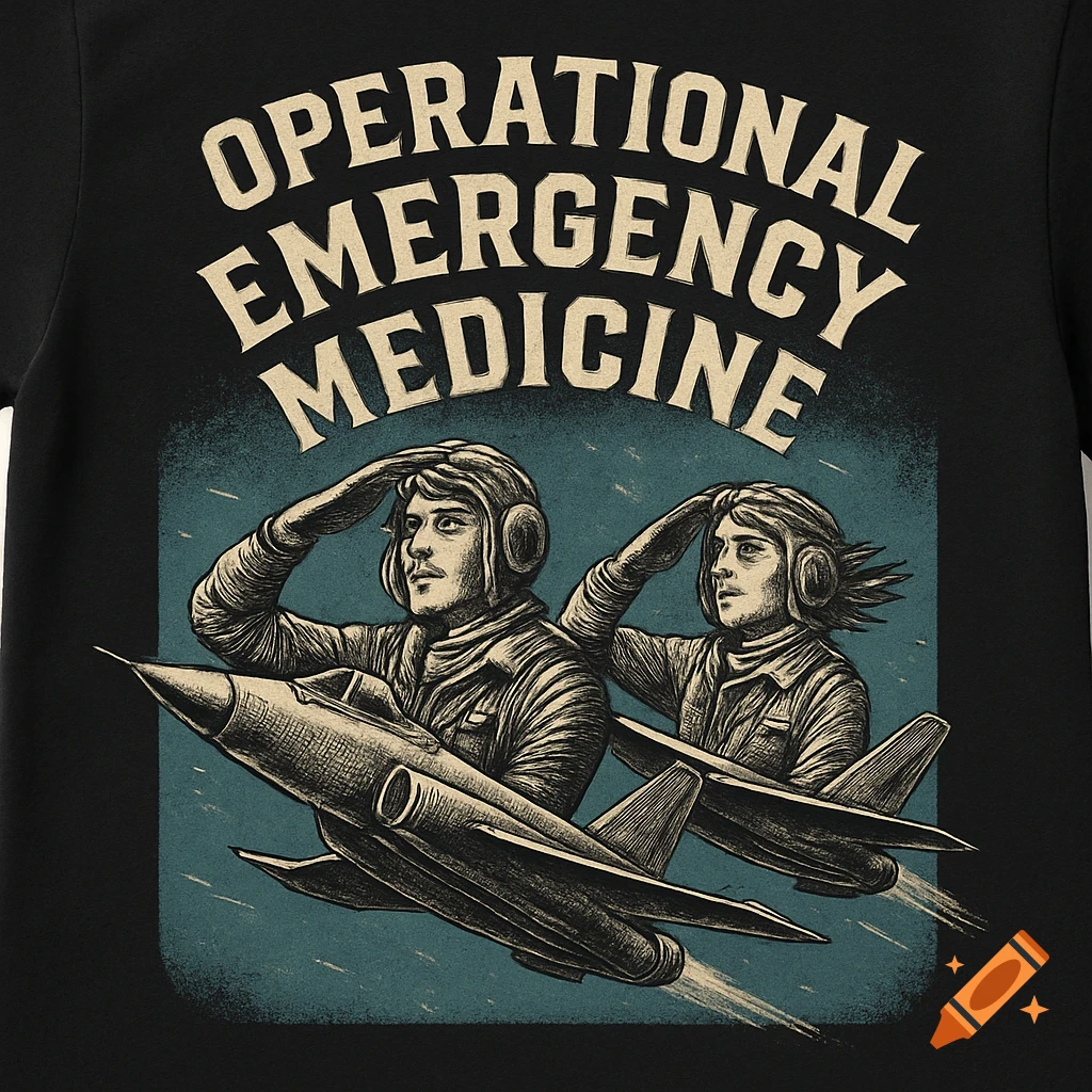 Vintage t-shirt design featuring a male and female doctor in fighter jets saluting, with 'OPERATIONAL EMERGENCY MEDICINE' text.