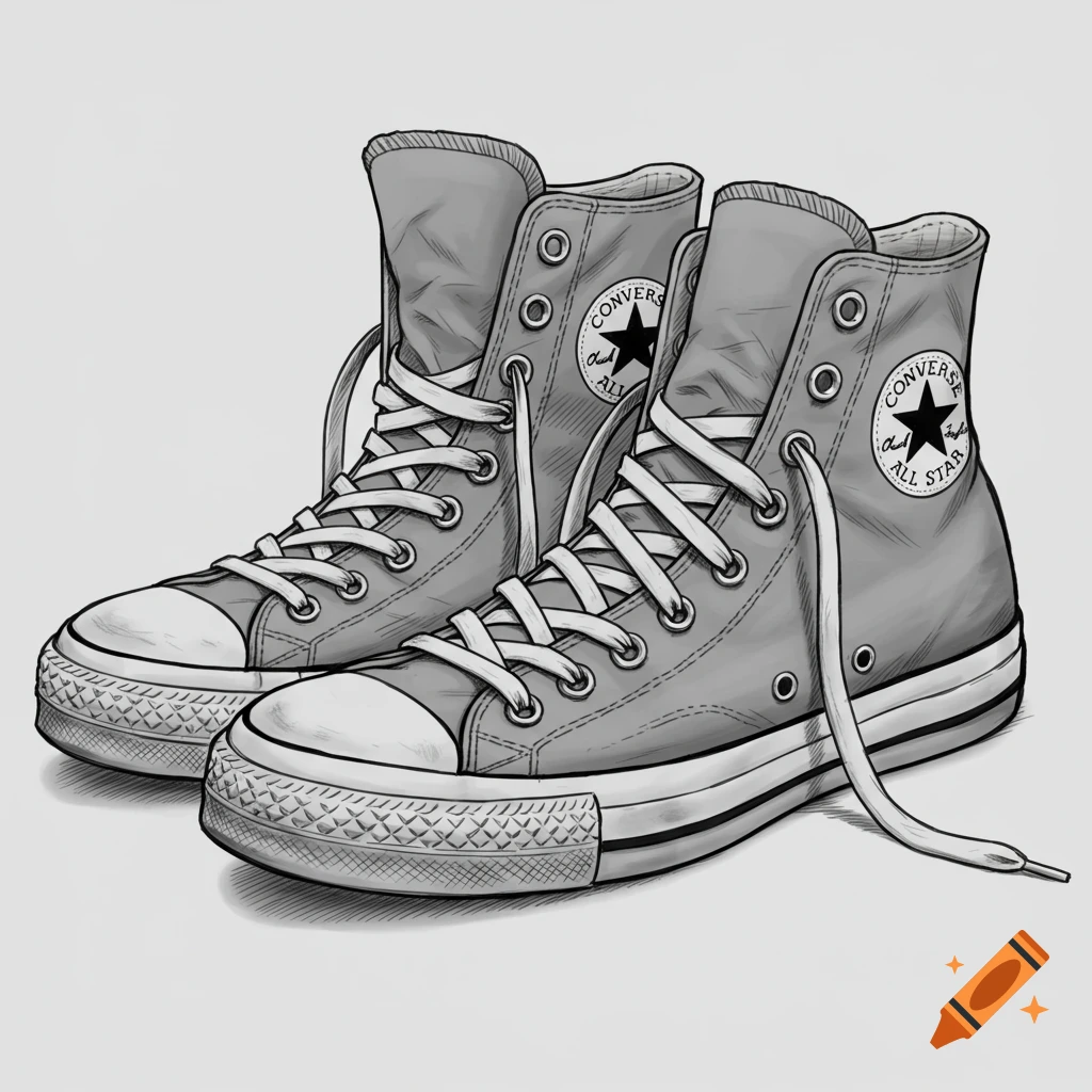 A monochrome sketch of two high-top Converse Chuck Taylor sneakers with loose laces.