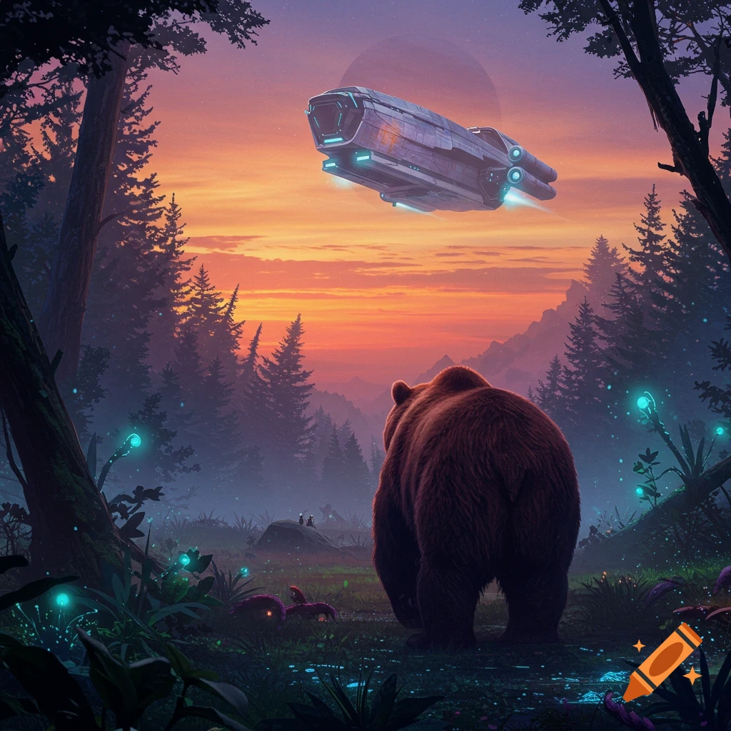 A bear stands in a glowing forest looking at a spaceship flying over a mountain landscape at sunset.