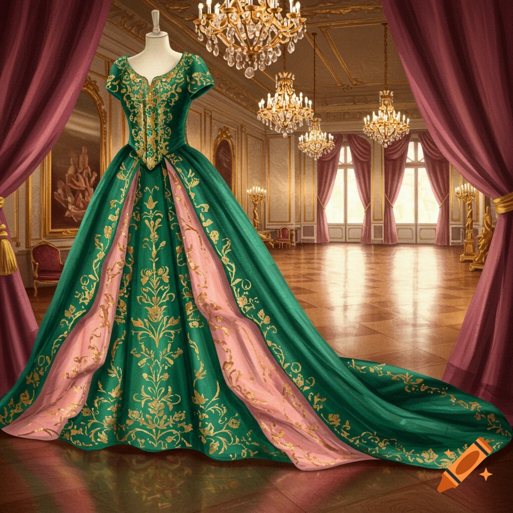 An ornate green, pink, and gold gown on a mannequin in a grand, chandelier-lit ballroom with large windows and drapes.