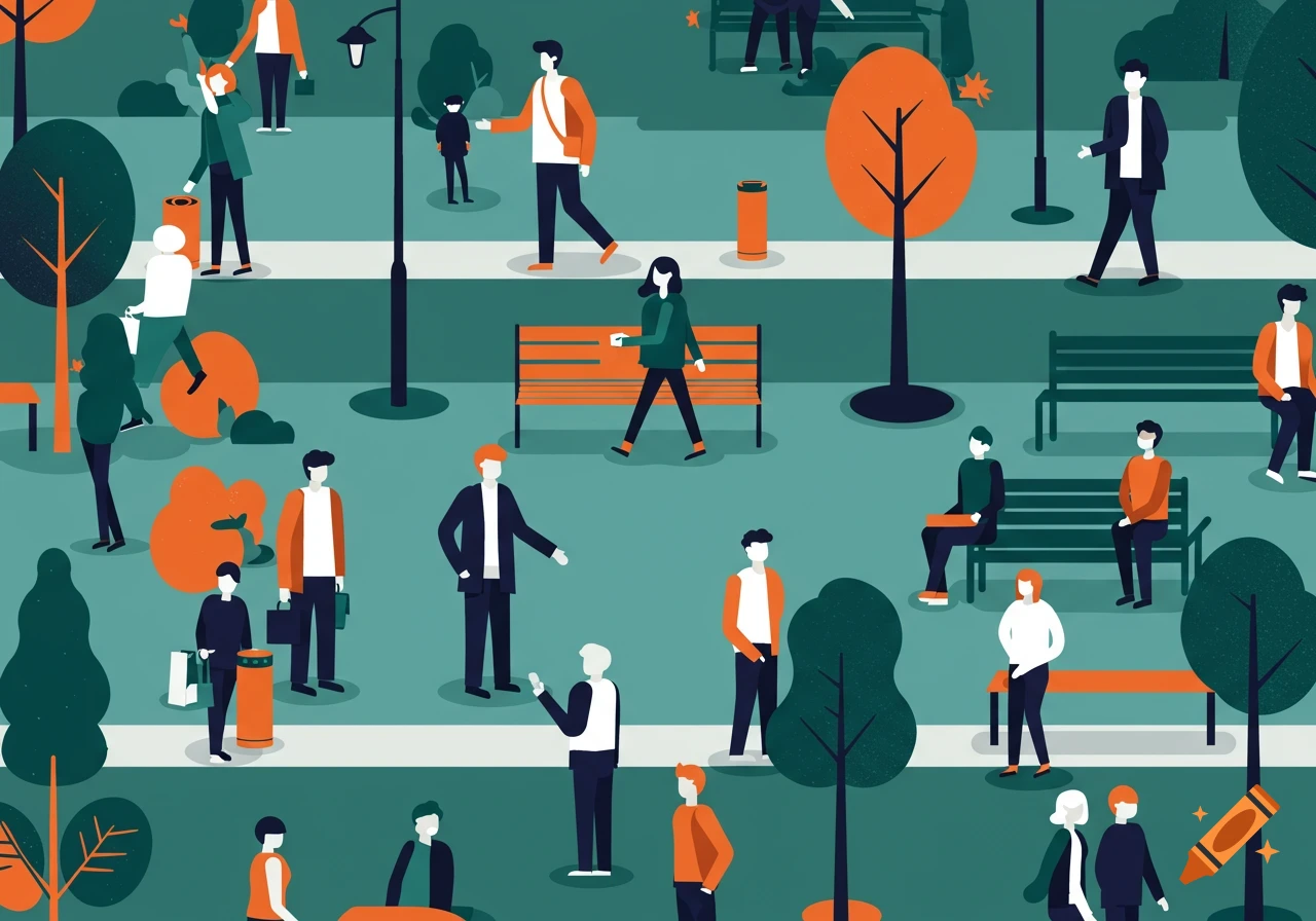 Flat vector illustration of a bustling public park with stylized people walking, sitting on benches, and interacting among trees.