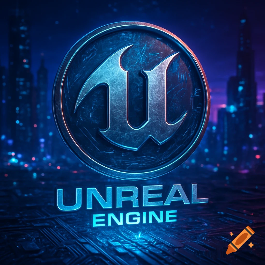 The Unreal Engine logo, a stylized 'U' inside a circle, glows with blue light against a dark, futuristic cityscape background.
