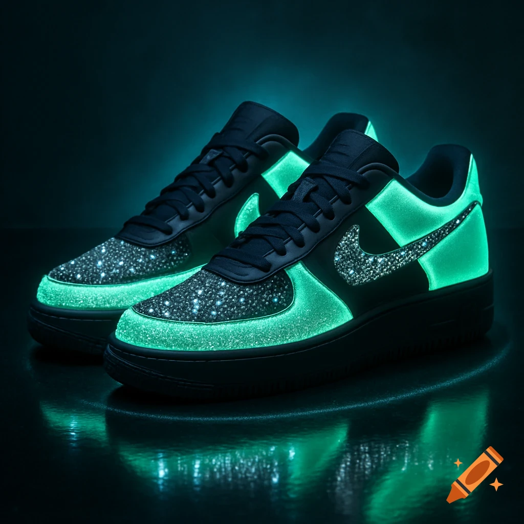 A pair of black sneakers with glowing green accents and sparkling rhinestones on the toe box and Nike swoosh, set against a dark background.