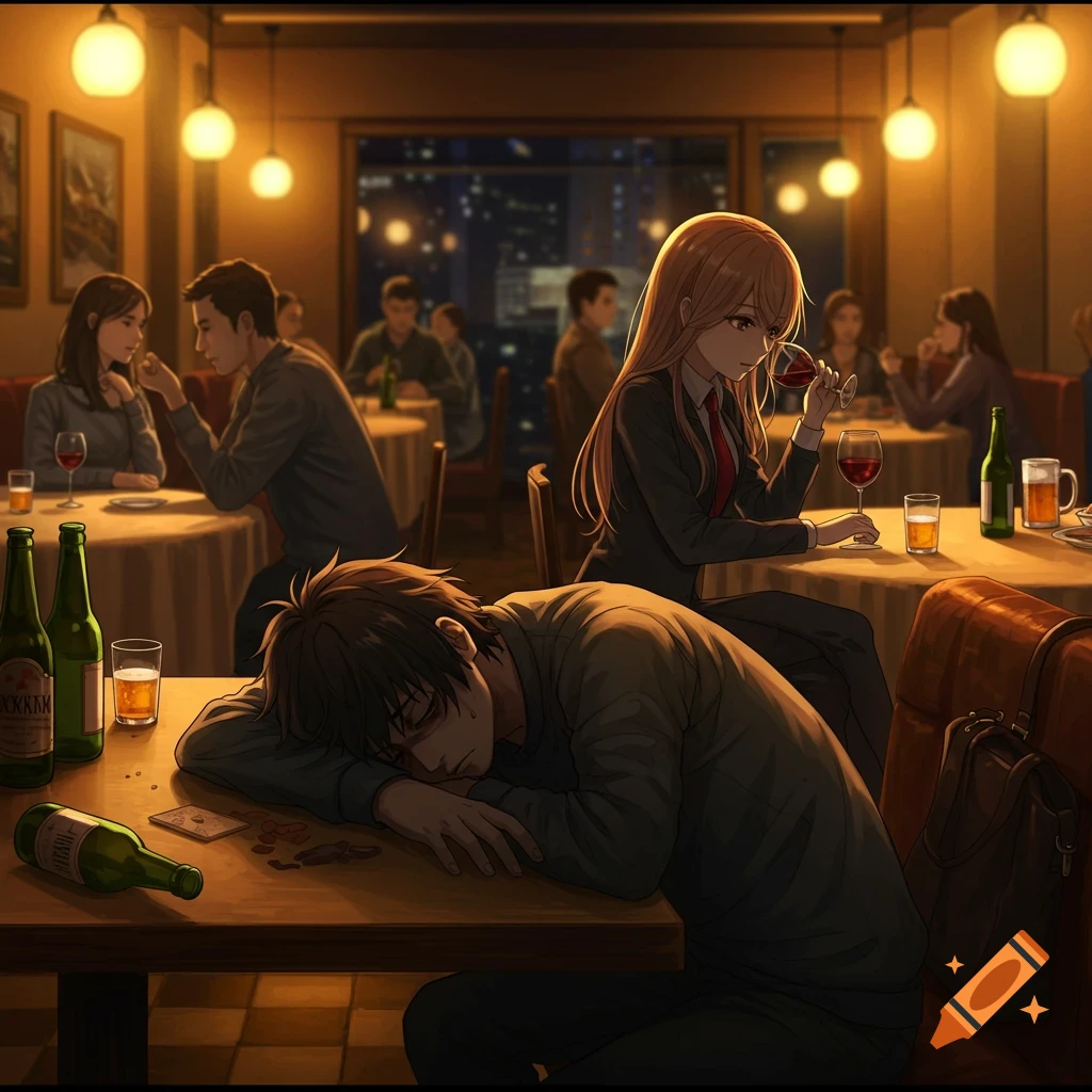 Anime-style evening restaurant scene with a young man passed out drunk on a table and a girl watching him while drinking wine.