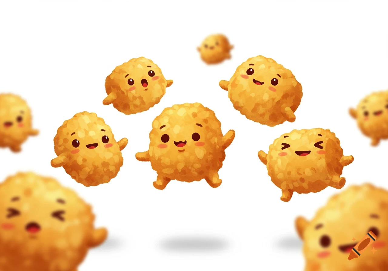 Smiling cartoon tater tots floating on a white background in a non-realistic style.