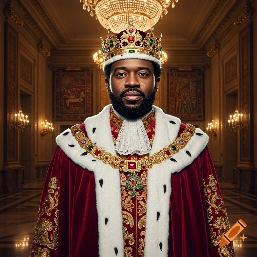 Photorealistic portrait of a Black king in an ornate red and white royal robe and a golden jeweled crown, standing in a grand hall.