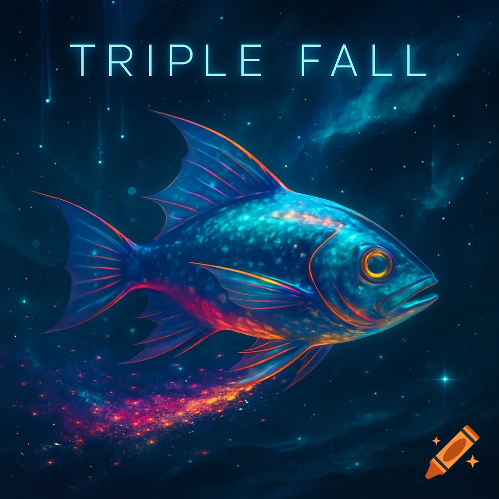 A glowing blue and orange sci-fi fish swims through deep space with stars and nebulae. The title "TRIPLE FALL" is at the top.