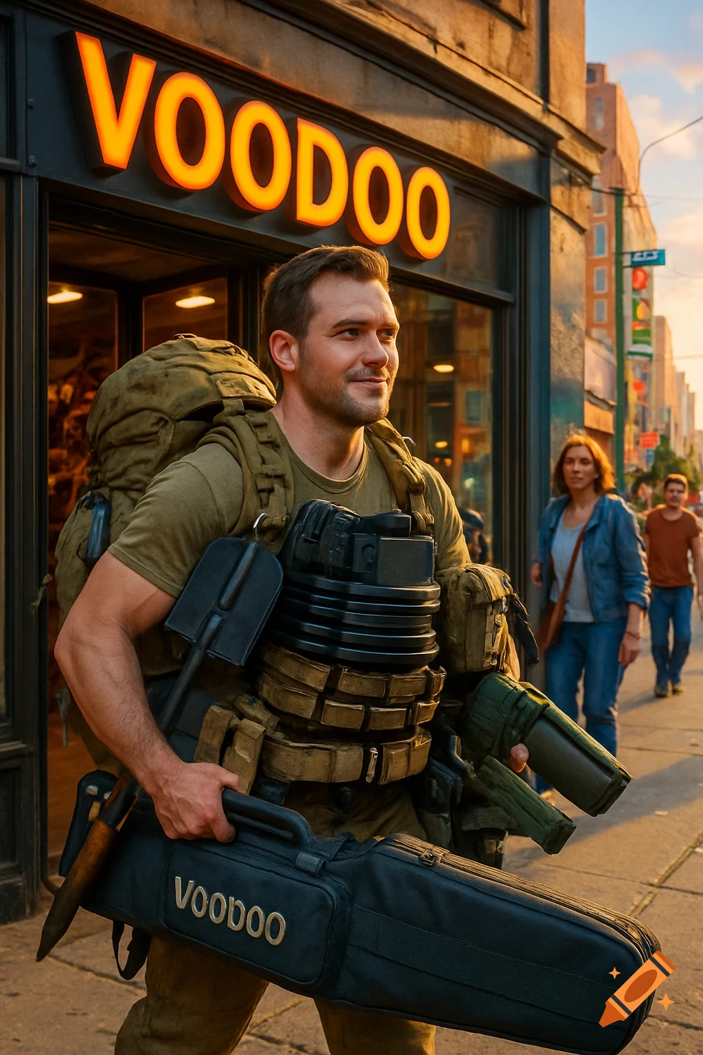 A man in tactical gear with a large backpack and rifle case stands smiling in front of a shop named "Voodoo" at sunset.