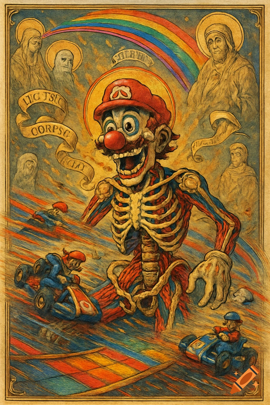 An anatomical chart style illustration of a skeletal Mario with exposed muscles, a clown face, and a red cap, surrounded by religious figures and small Mario Kart racers. A rainbow arches over the top.