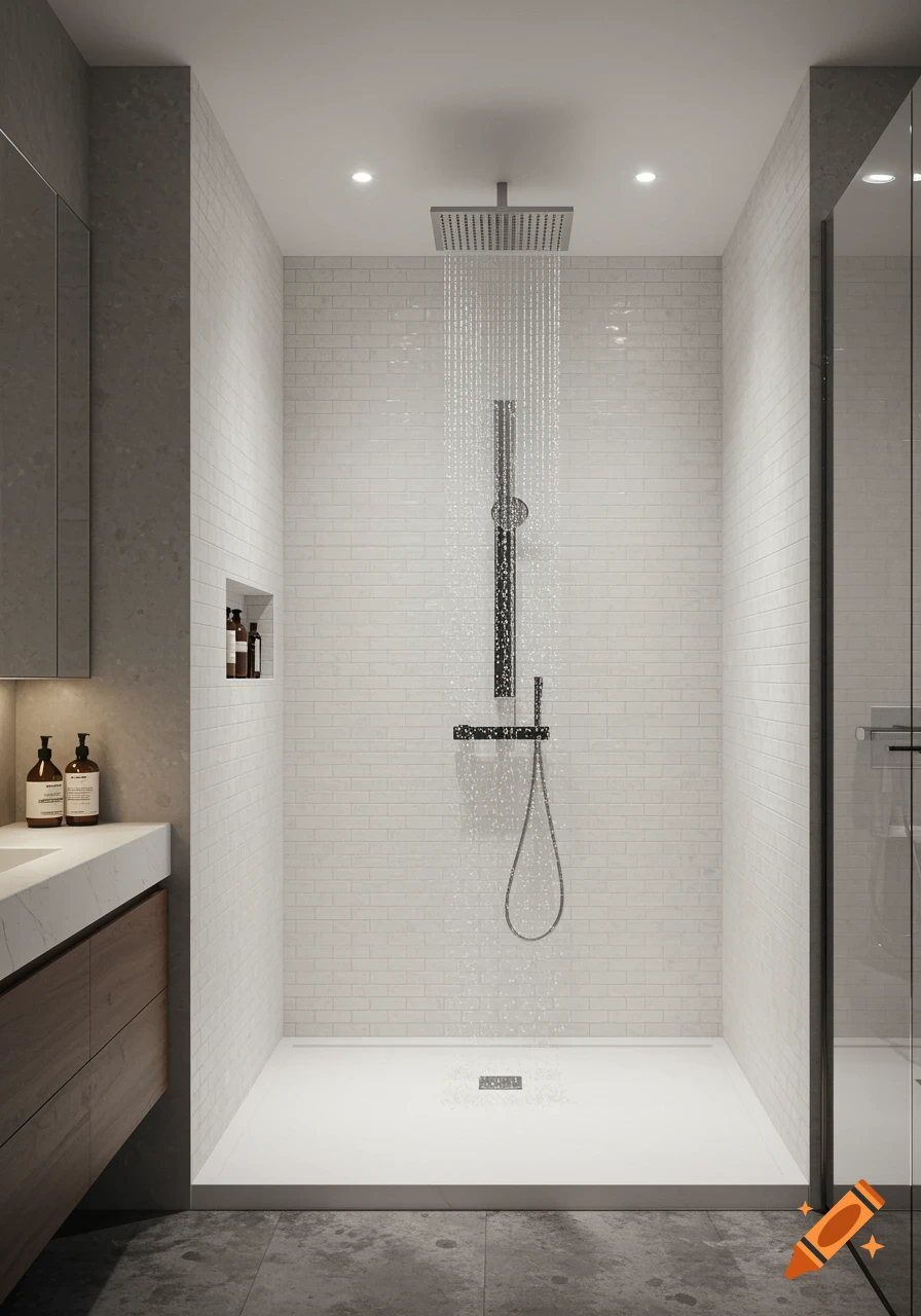 A modern, minimalist bathroom with a white subway tiled shower, black fixtures, and a rain shower head pouring water.