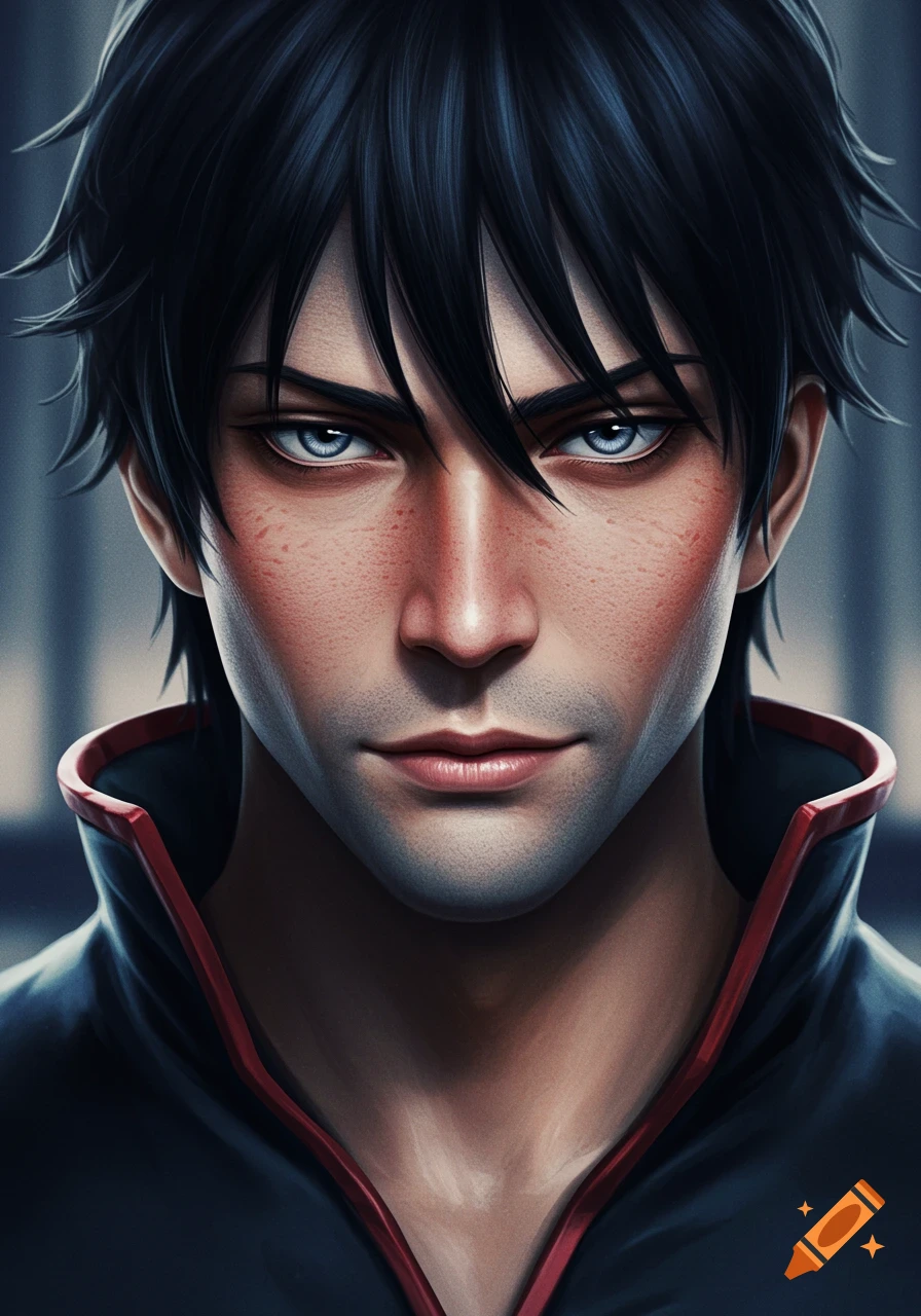 A realistic digital art portrait of a handsome man with dark hair, blue eyes, and light stubble.
