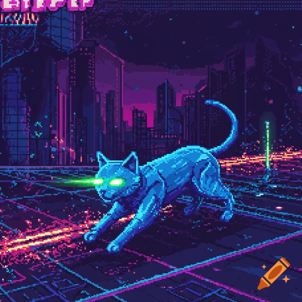 Pixel art of a blue cat with glowing green eyes in a futuristic city at night.