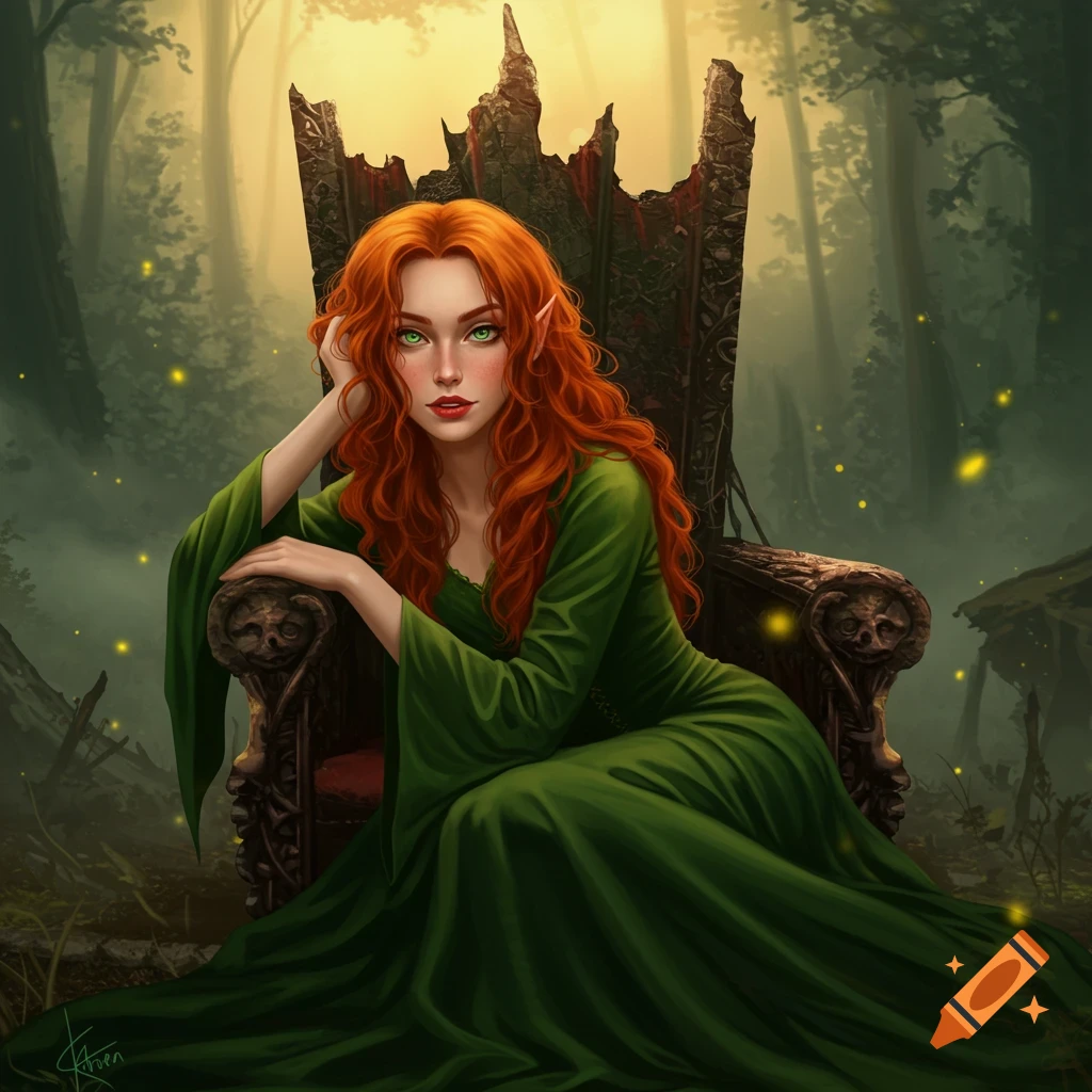 A red-haired enchantress with elf ears in a green medieval gown sits on a broken throne in a mystical forest.