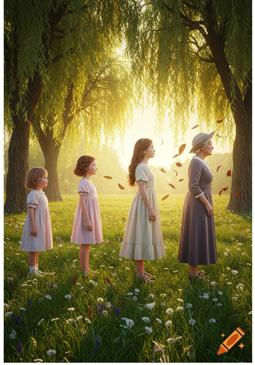 Four females, from young child to elderly woman, stand in a line in a sunlit grassy field with trees.