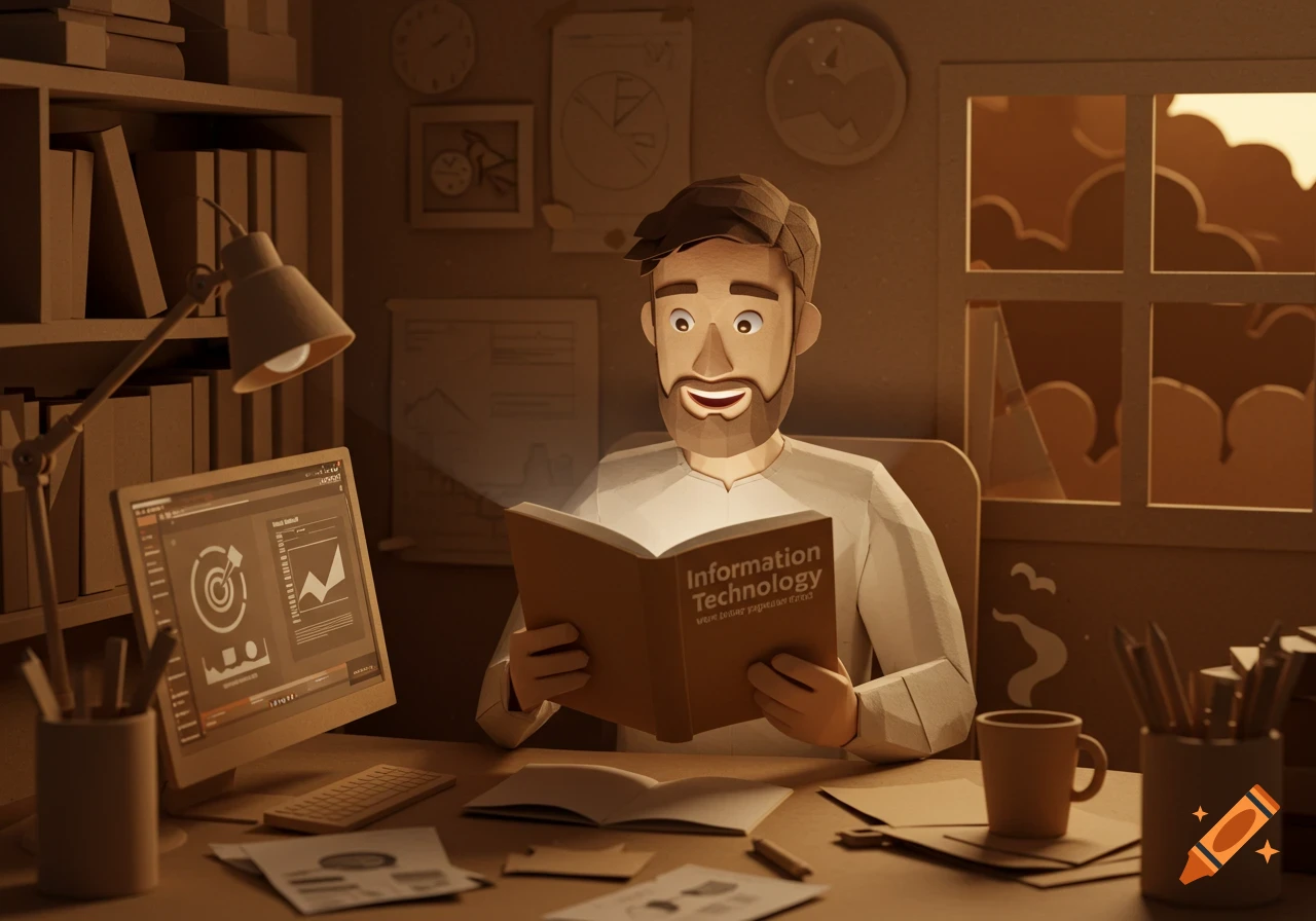 A papercraft illustration of a man with a beard happily reading an 'Information Technology' book at a desk under a lamp.