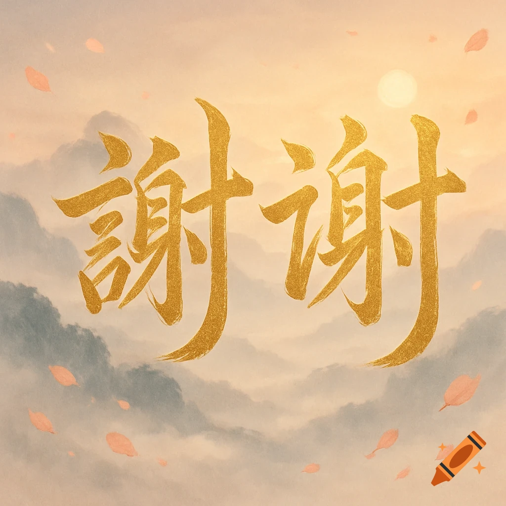 Golden Chinese characters for 'thank you' against a misty mountain landscape with a glowing sun and falling petals.